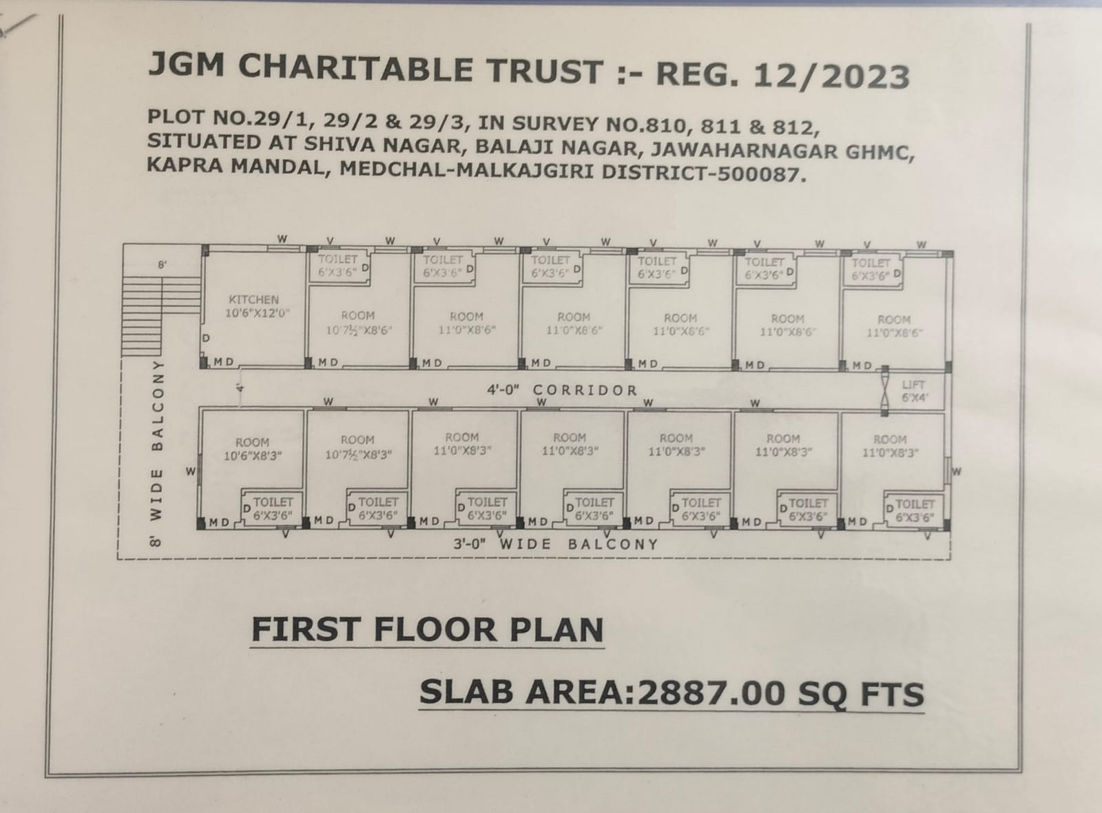 JGM Charitable Trust First Floor Plan – Rooms, Corridor, Slab Area 2887 sq ft